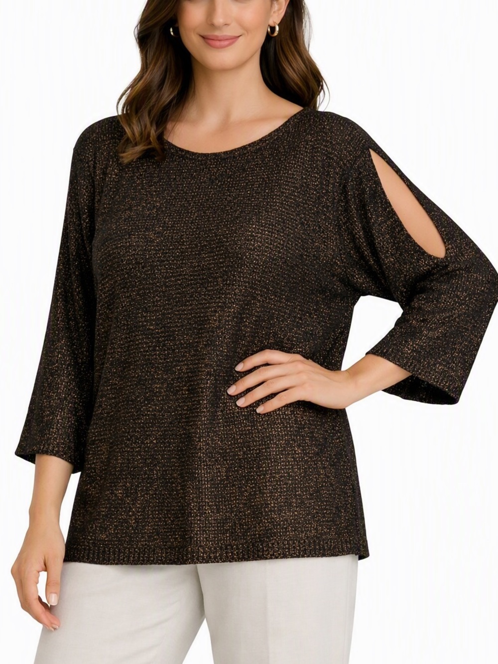 Eileen Fisher Metallic Knit Cold Shoulder Linen Blend Sweater Dolman Sleeve M